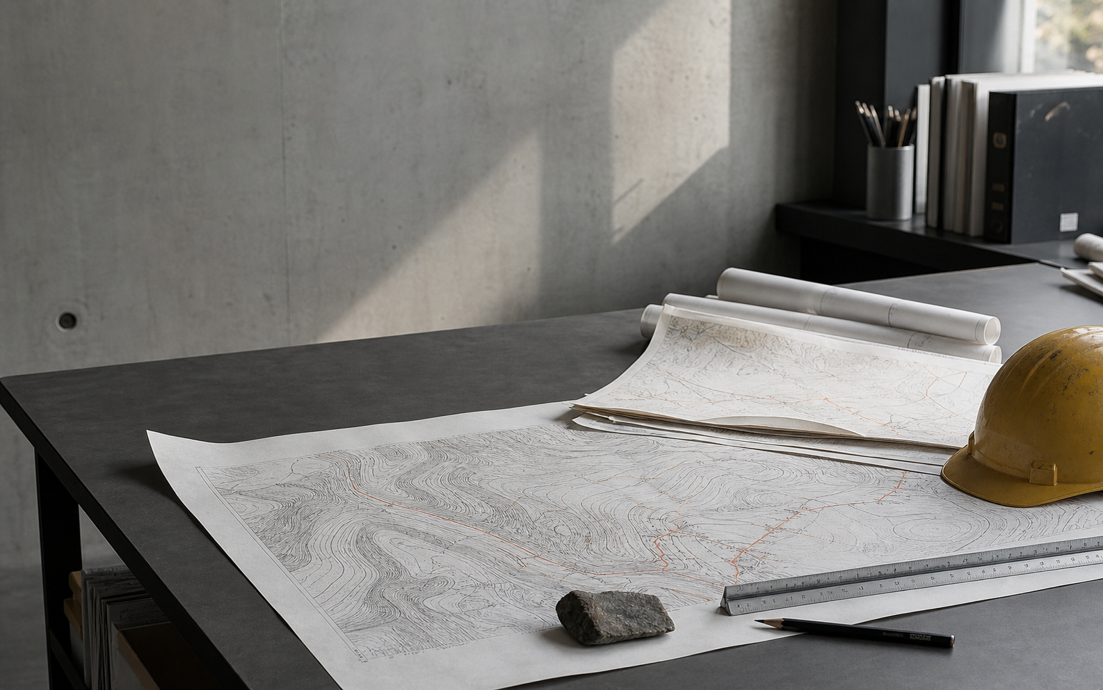 Topographic drawings and drafting tools arranged on an engineering desk