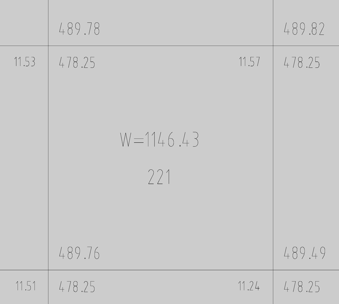 Detail of calculation-grid cell 221, retaining its corner level labels and printed W value.