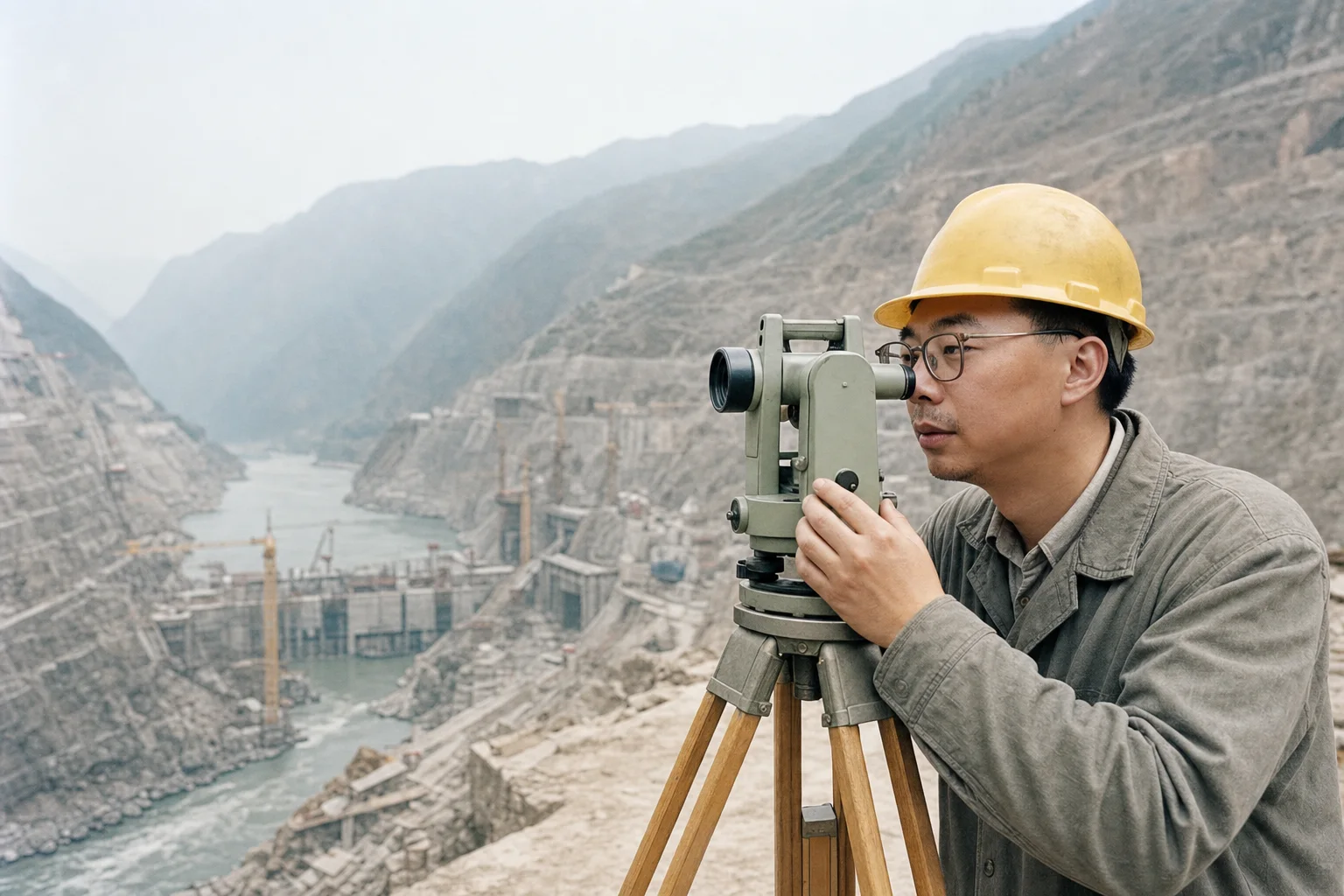Visual reconstruction of Zhou Zhiyong using a survey instrument above major hydropower works