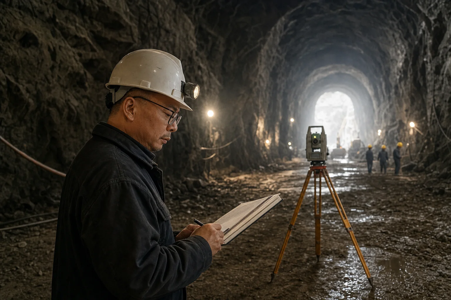 Visual reconstruction of Zhou Zhiyong checking survey records in a hydropower tunnel