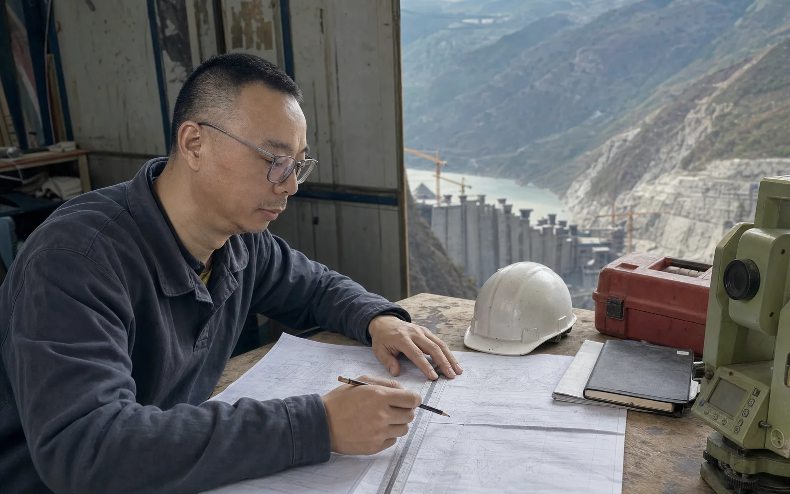 Visual reconstruction of Zhou Zhiyong reviewing topographic drawings at a hydropower work site