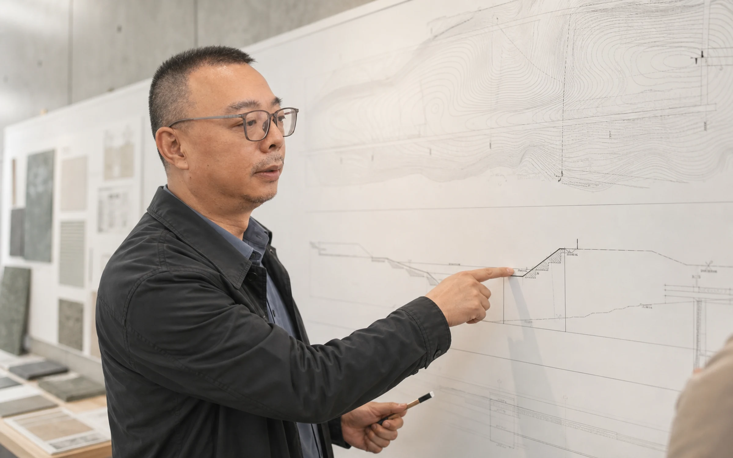 Zhou Zhiyong explaining a section on a set of grading drawings