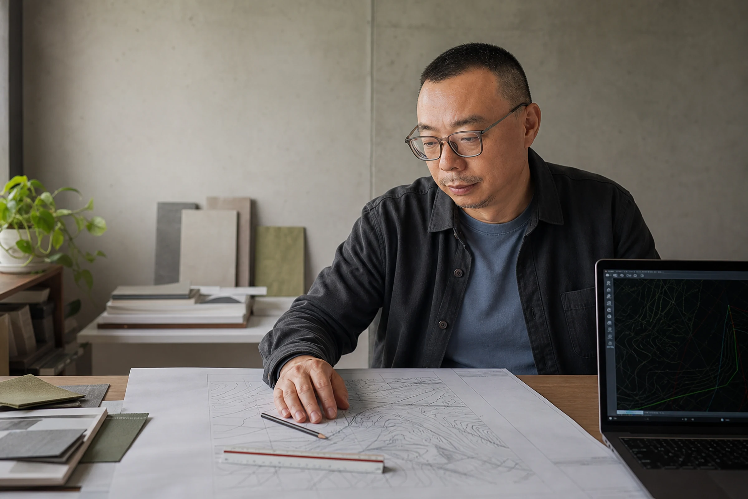 Zhou Zhiyong reviewing topographic plans at an engineering desk